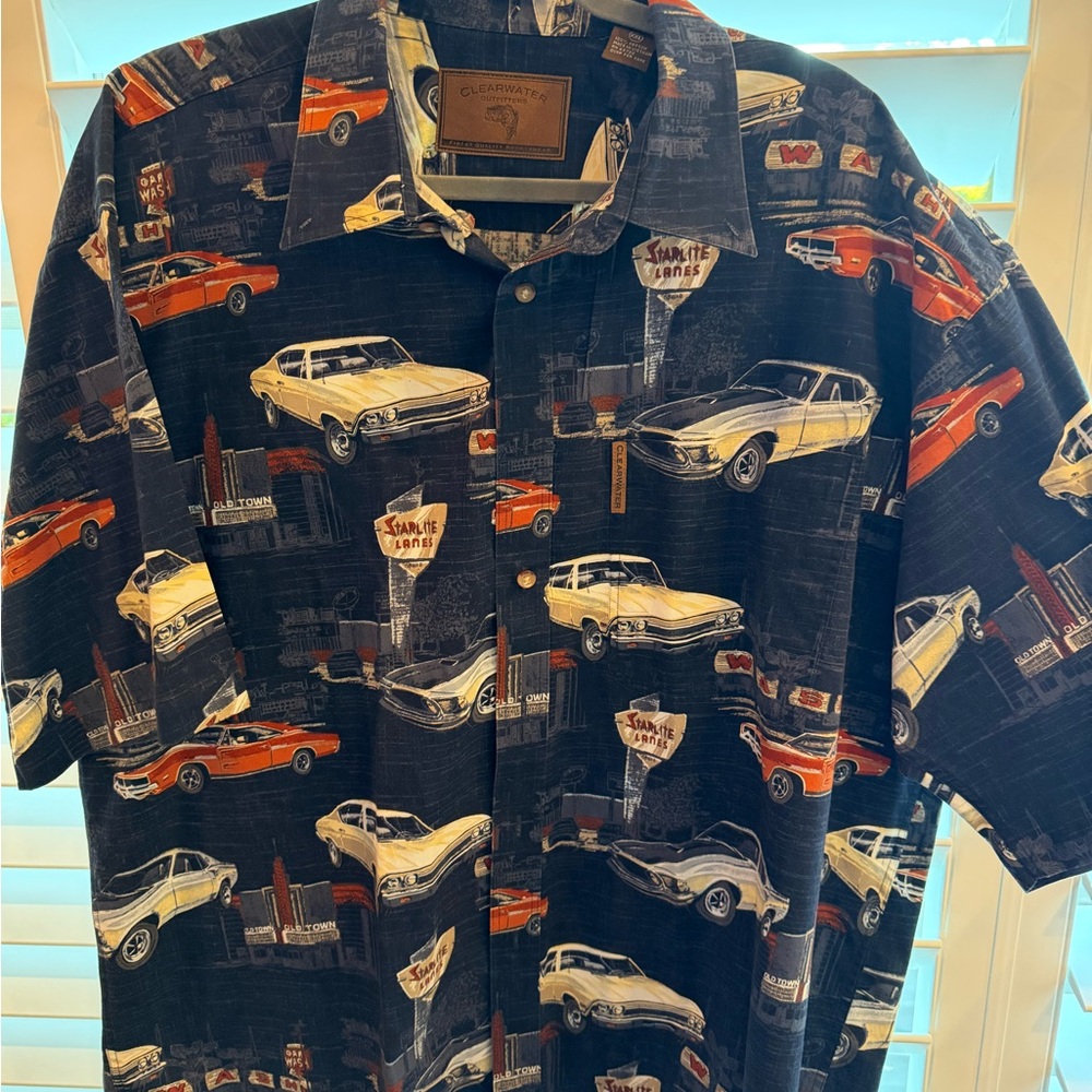 Clearwater Classics Men's Black Vintage Car Print Button-Up Shirt